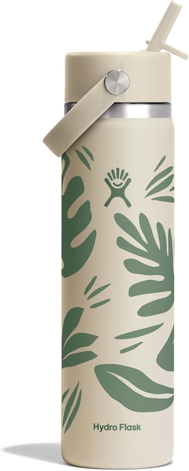 Hydro Flask Water Bottle - Insulated Stainless Steel - Wide Mouth Flex Straw Lid, Non Spill, Leakproof and Refillable in 24 Oz Botanical Bliss Coconut