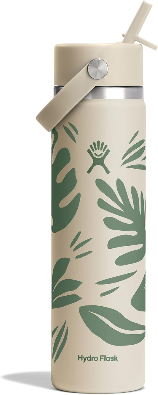 Hydro Flask Water Bottle - Insulated Stainless Steel - Wide Mouth Flex Straw Lid, Non Spill, Leakproof and Refillable in 24 Oz Botanical Bliss Coconut