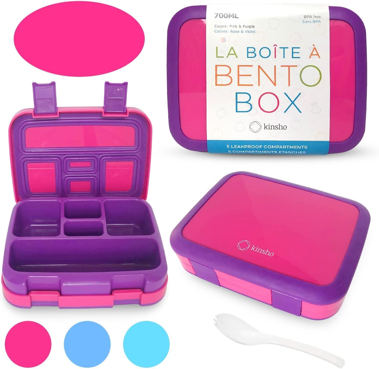 kinsho Bento Lunch Box for Kids Toddlers Girls, 5 Portion Sections Secure Lid, Microwave Safe BPA Free Removable Tray, Pre-School Kid Daycare Lunches Snack Container Ages 3 to 5, Pink Purple