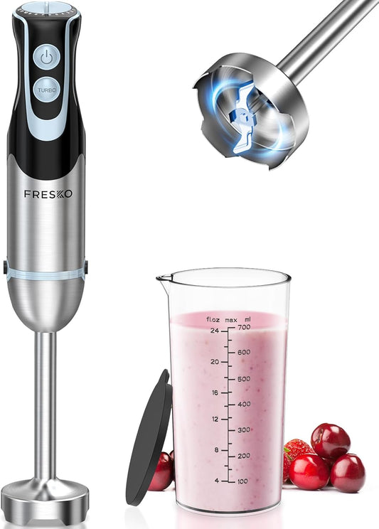 FRESKO Immersion Handheld Blender 500W with 700ml Beaker, 12-Speed & Turbo Mode Hand Blender Stick, 304 Stainless Steel Blades for Soup, Smoothie, Puree, Baby Food