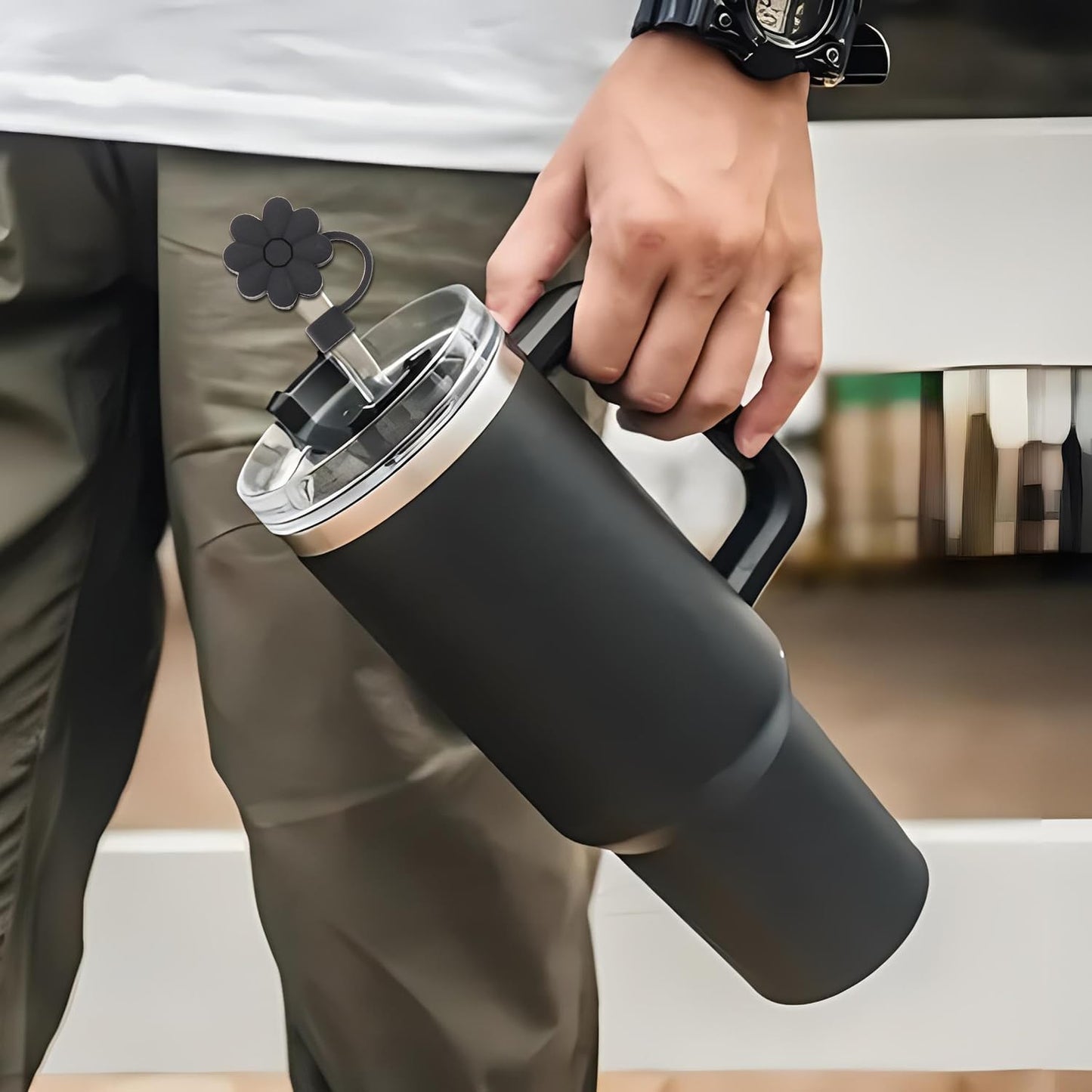 Stanley Cup Accessories, 1pc Flower Stanley Straw Cover Silicone Straw Topper for Stanley 30&40 oz Tumbler with Handle and 1pc Initial Letter Charm for Stanley Cup (Letter T)