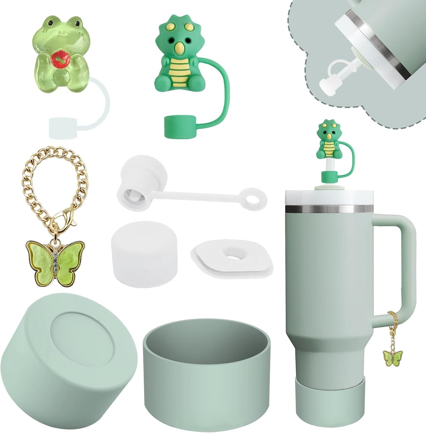 Stanley Cup Accessories Set,Including 2 Pcs 0.4in Straw Cover, 1 Silicone Spill-Proof Stopper, 1 Cute Handle Charm, 1 Silicone Boot Fits Stanley 40&30 Oz Tumbler (Eucalyptus Green)
