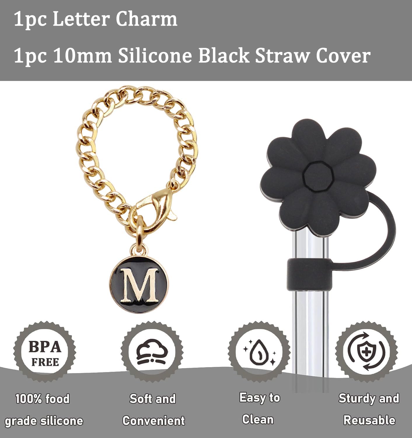 Stanley Cup Accessories, 1pc Flower Stanley Straw Cover Silicone Straw Topper for Stanley 30&40 oz Tumbler with Handle and 1pc Initial Letter Charm for Stanley Cup (Letter M)
