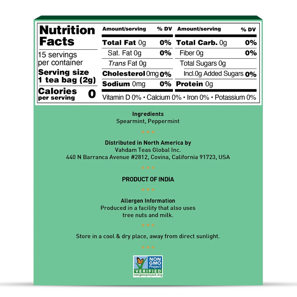 VAHDAM, Pure Mint Herbal Tea (15 Pyramid Tea Bags) Caffeine Free | Blend of Spearmint & Peppermint - Sweet & Minty | Resealable Ziplock Pouch