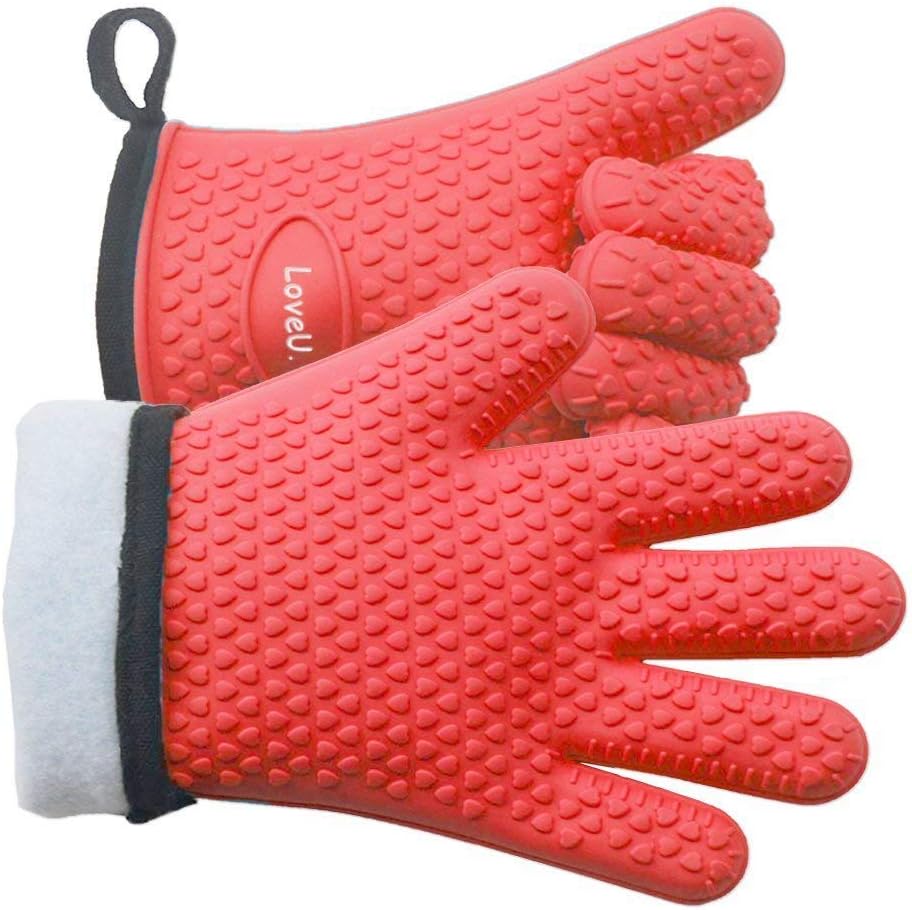 Kitchen Oven Gloves - Dual-Layer Heat Resistant Grilling Gloves, Silicone Oven Mitts with 5 Fingers, Waterproof Non-Slip Pot Holder for Barbecue, Cooking, Baking (Red)