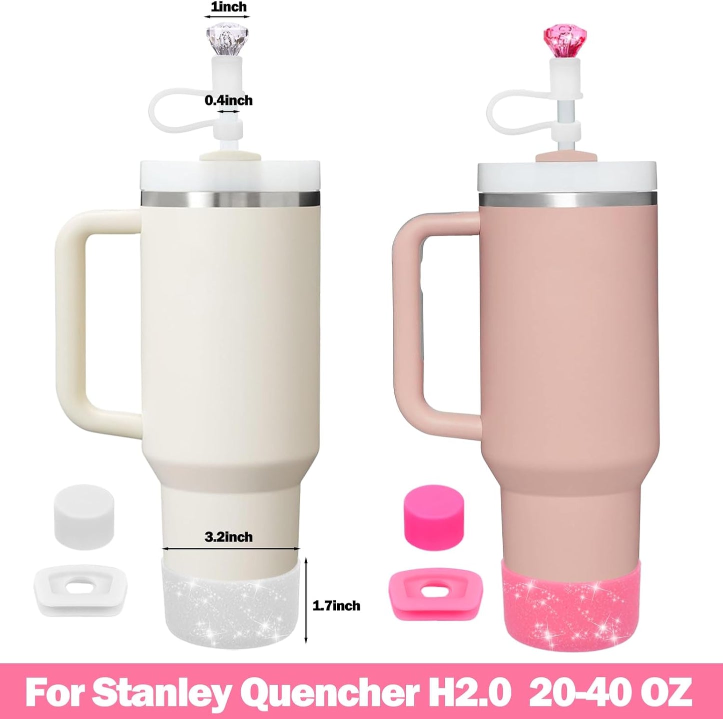 Mity rain Set for Stanley Cup Accessories, Including 2Pcs Diamond Straw Topper, 4 Pcs Silicone Spill Proof Stopper, 2Pcs Protective Glitter Silicone Boot, Pink and White Set for Stanley Cup 40/30 OZ