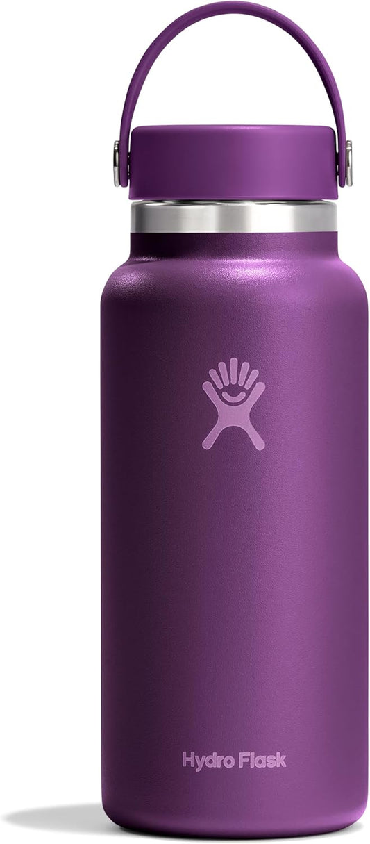 Hydro Flask Water Bottle - Insulated Stainless Steel - Wide Mouth Flex Lid, Non Spill, Leakproof in 32 Oz Beachplum Purple