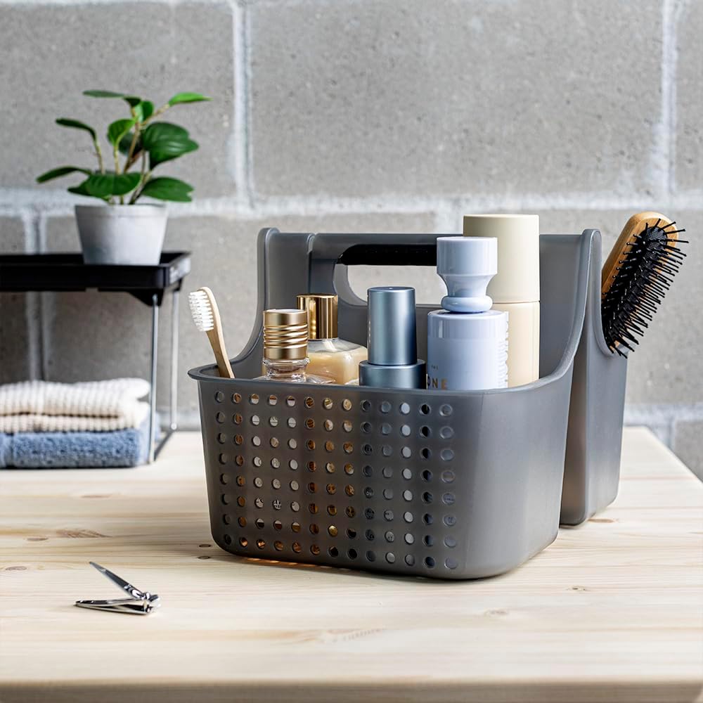 madesmart 2-Compartment Soft Grip Shower Tote for Bathroom Organization, Plastic Storage Shower Caddy Bucket, Large, Carbon