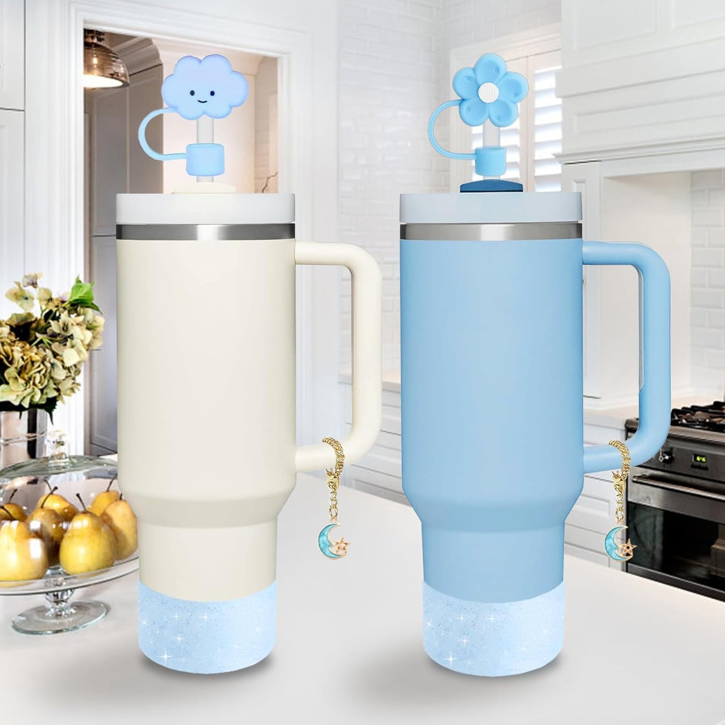 Stanley Cup Accessories Set,Including 2 Pcs 0.4in Straw Cover, 1 Silicone Spill-Proof Stopper Set of 3, 1 Cute Moon Handle Charm, 1 Silicone Boot Fits Stanley 40&30 Oz Tumbler (Blue 2.0)