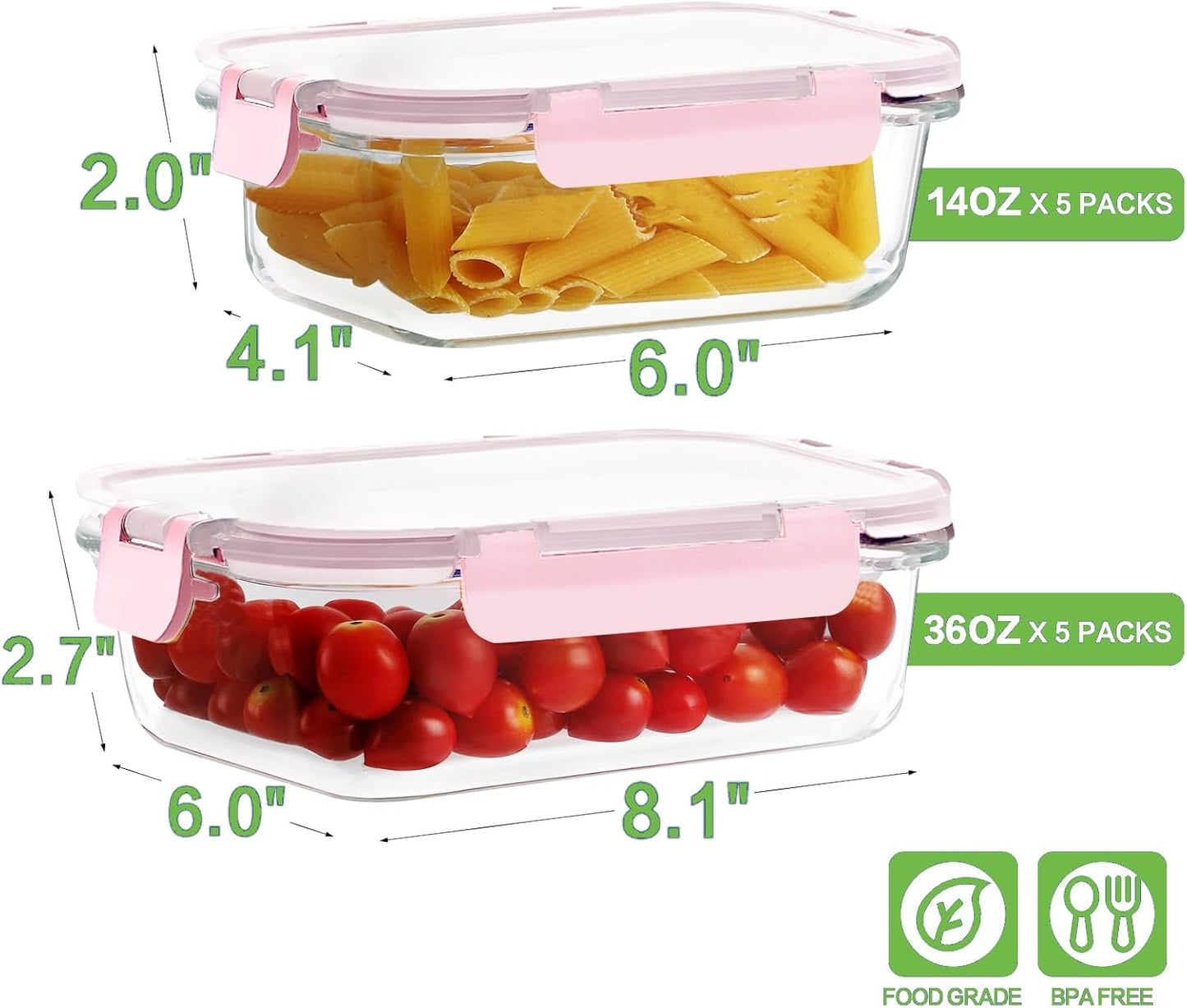 10 Pack Borosilicate Glass Meal Prep Containers with Locking Lids, Glass Food Storage Containers Set, Airtight Lunch Bento Boxes, BPA-Free & Leak Proof, 36oz & 14oz, Freezer, Oven Safe-Pink