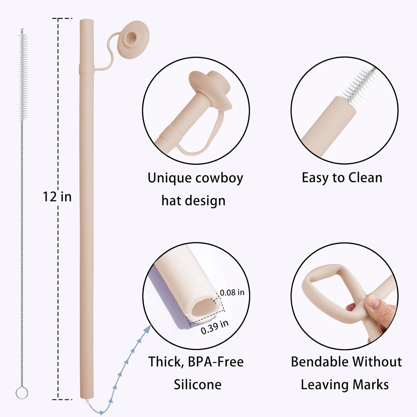 2PCS Reusable Silicone Straws with Cover, Bite-Safe, 12”Long Collapsible Drinking Straws for Stanley Owala Cups, Tumblers & Travel – Trim to Fit Any Cup (Pink)