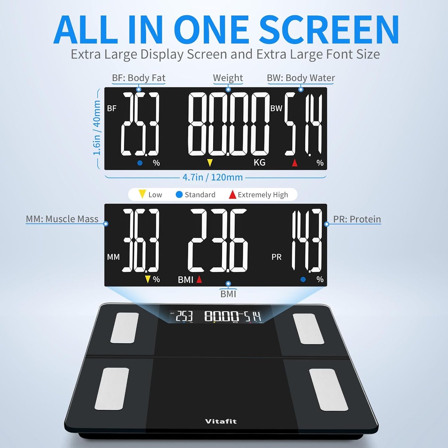 Vitafit 550lb Smart Bathroom Scale for Body Weight, High Precision in 0.1lb Assured by Weight Scale Professional Factory Since 2001, App Sync 13 Body Composition with BMI and Body Fat, Black