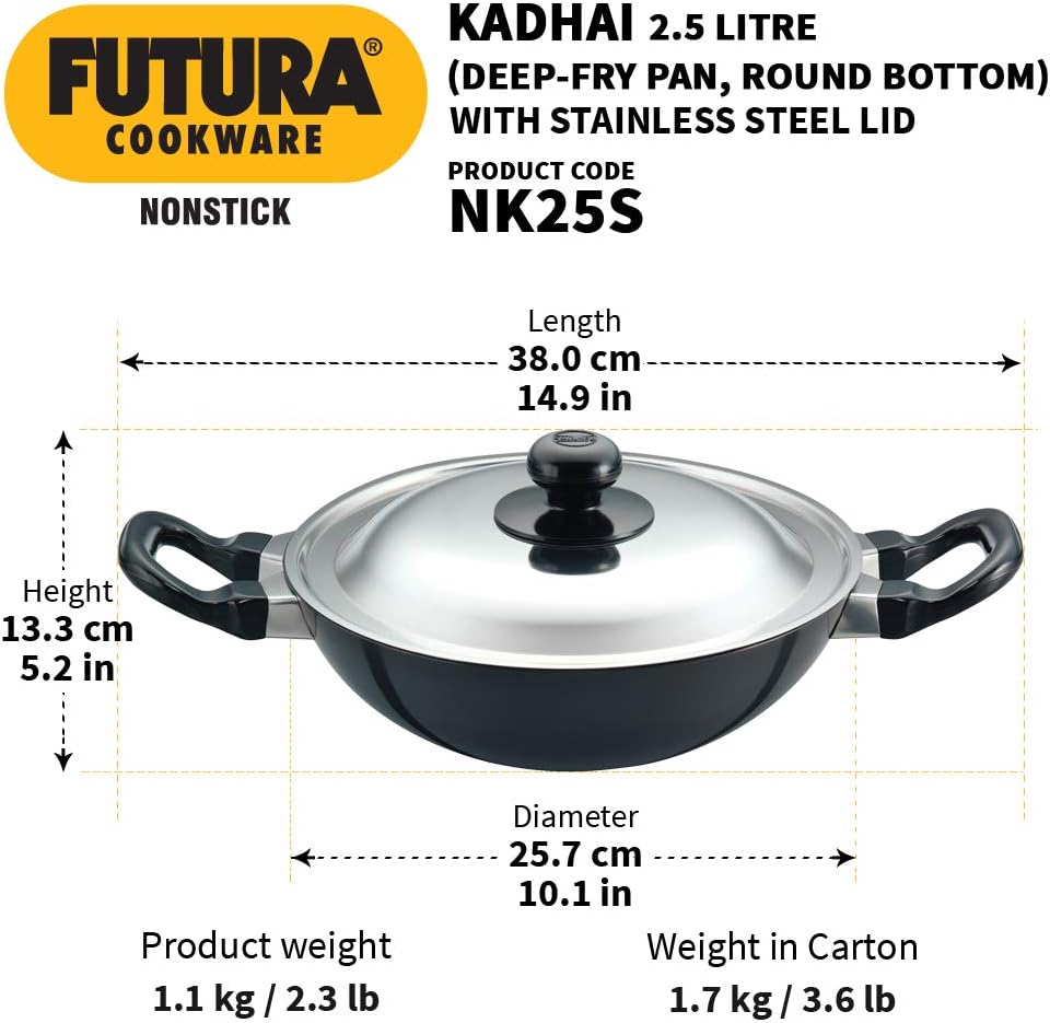 Hawkins Futura Nonstick Kadhai 2.5 L, 26 cm, 3.25 mm with SS lid (Black)