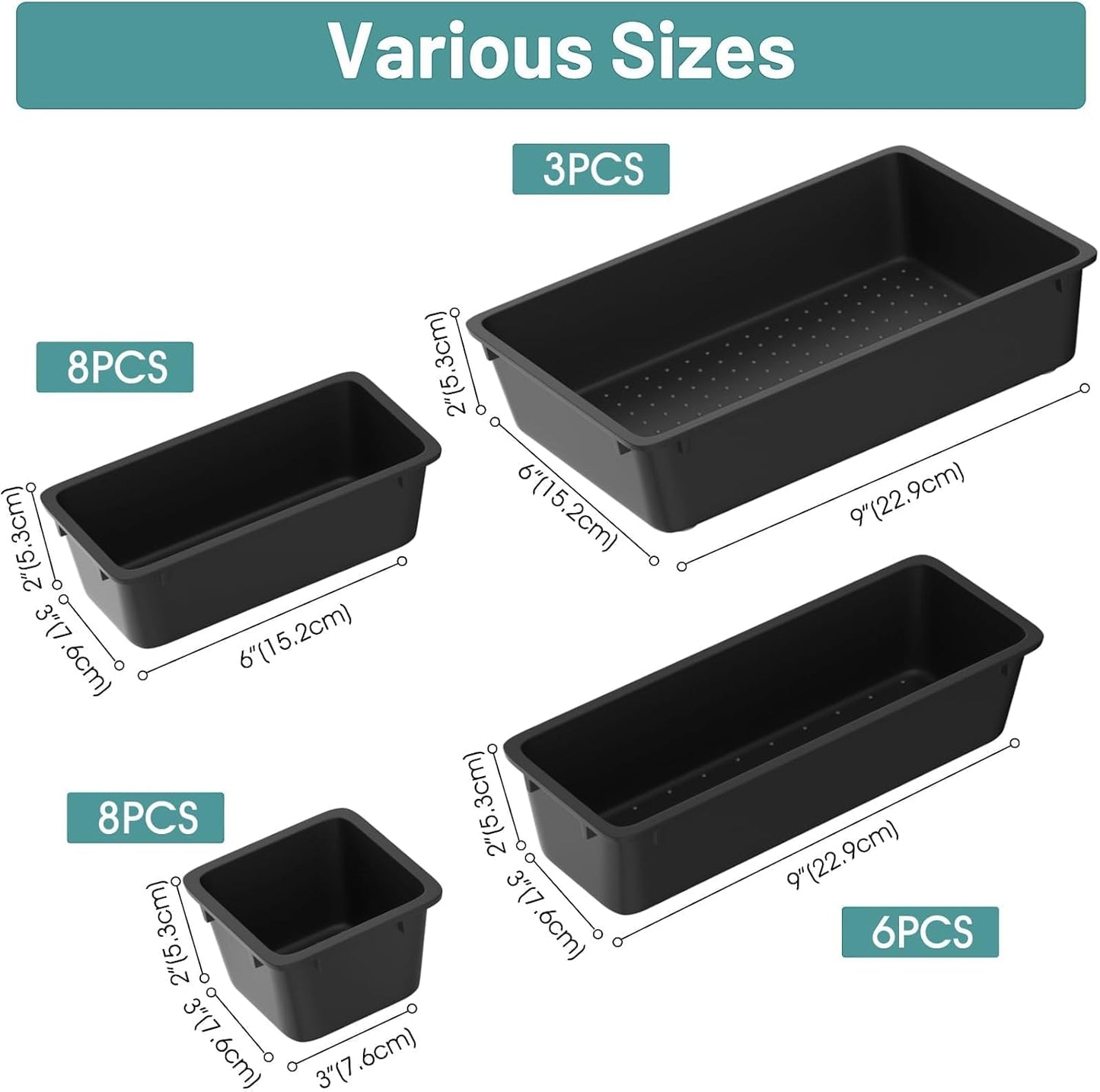 WOWBOX 25 PCS Plastic Drawer Organizer Set, Desk Drawer Divider Organizers and Storage Bins for Makeup, Jewelry, Gadgets for Kitchen, Bedroom, Bathroom, Office, Deep Black