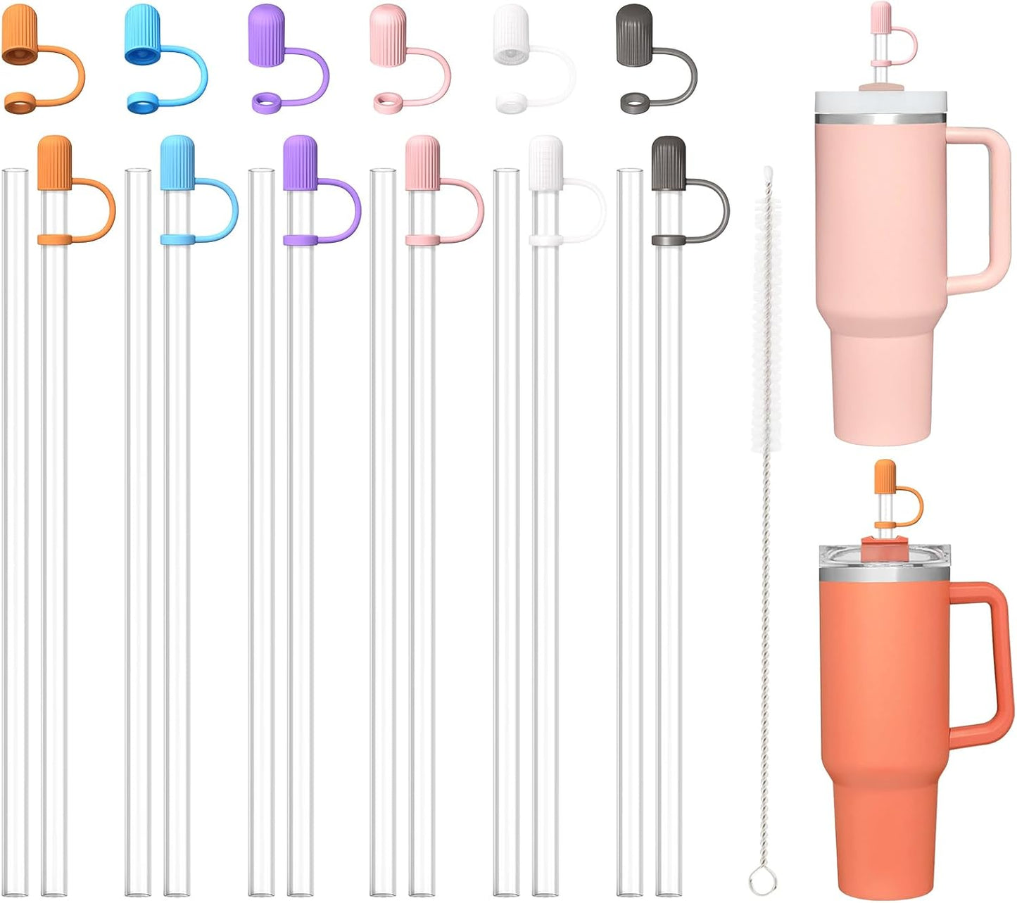 12 Clear Replacement Straws with Cover Caps for Stanley|Owala|Simple Modern 40 oz 30 oz 20 oz 14 oz Tumbler, Reusable Drinking Straws with Topper, Stopper, Cleaning Brush for Stanley Cup Accessorie