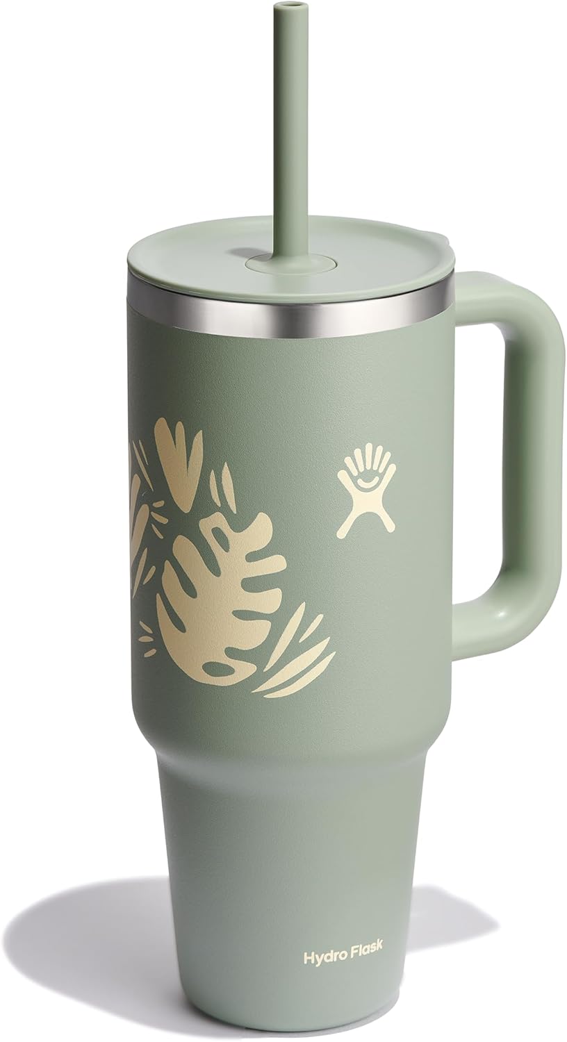 Hydro Flask Travel Tumbler with Handle, Lid and Straw - Insulated Stainless Steel in 40 Oz Botanical Bliss Green