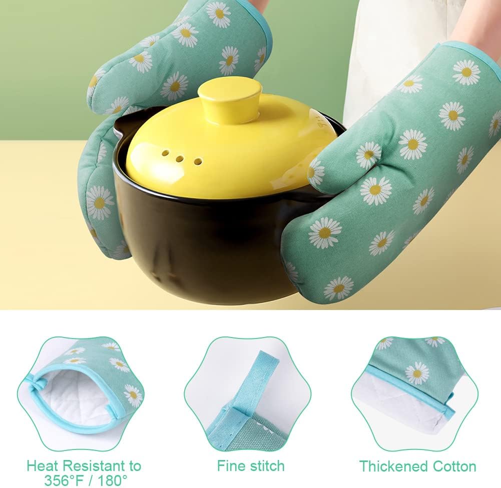 AUAUY Oven Mitts and Potholders, BBQ Gloves Heat Resistant, 1 Pair Oven Mitts and 2 Pot Holders, Cotton Non-Slip Cooking Gloves Home Essentials for Cooking Baking Kitchen Microwave Pizza (Daisy-Green)