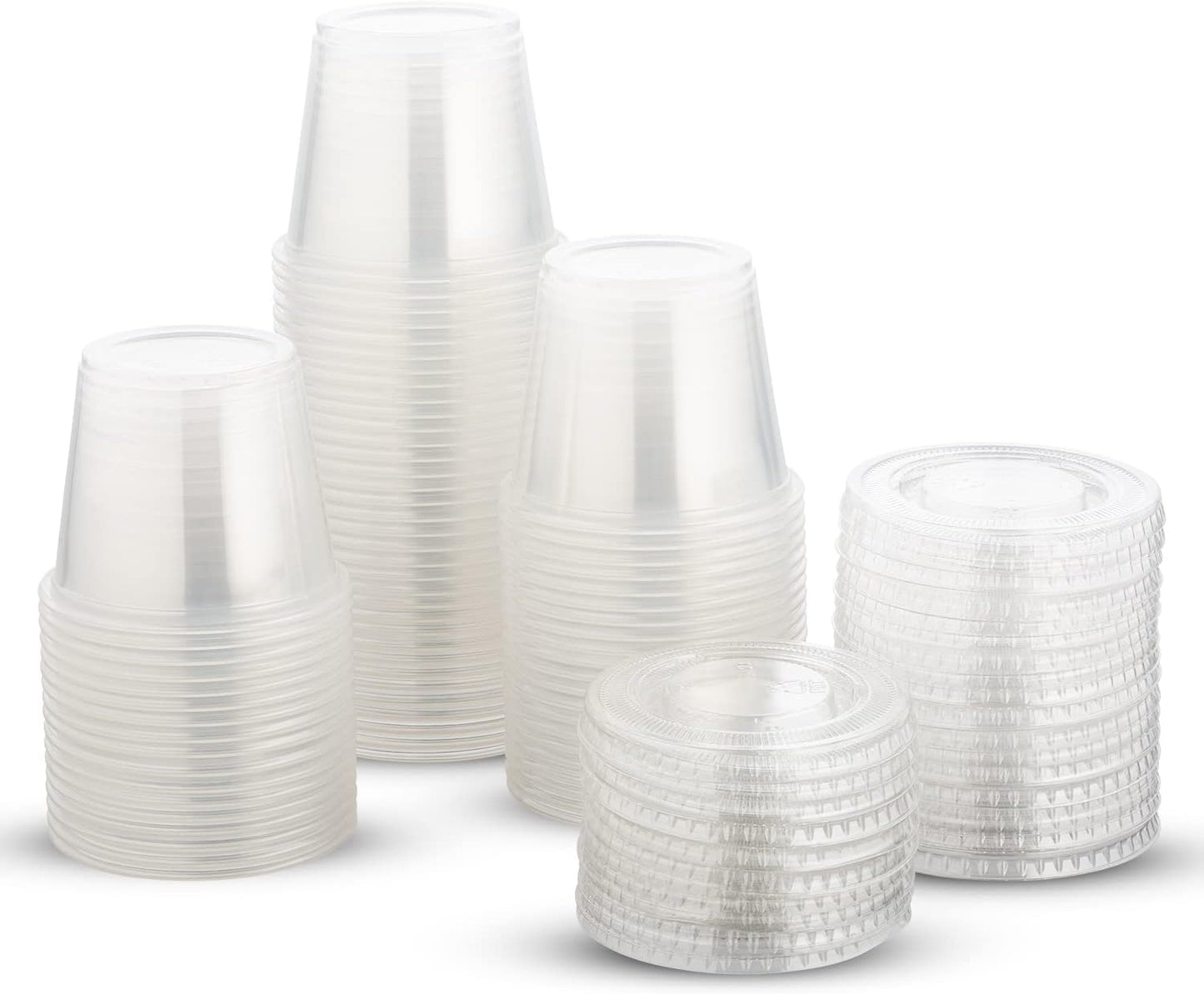 DuraHome Plastic Portion Cups with Lids 4 oz. & 5.5oz. Combo Pack of 150 Leakproof Jello Cup Mini Containers for Salad Dressing Sauce Condiment Snack Souffle and Salsa, Disposable, Interchangeable