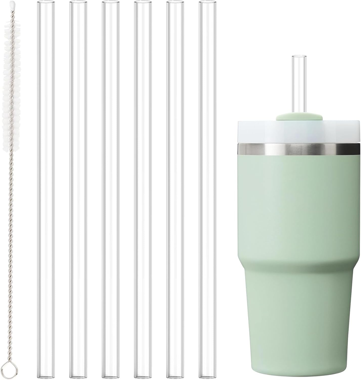 Replacement Straw for Stanley Cup 20 oz 14 oz, 6 Pcs Reusable Long Clear Straw with Clear Brush for Stanley Cup Accessories, Dishwasher Safe and BPA Free