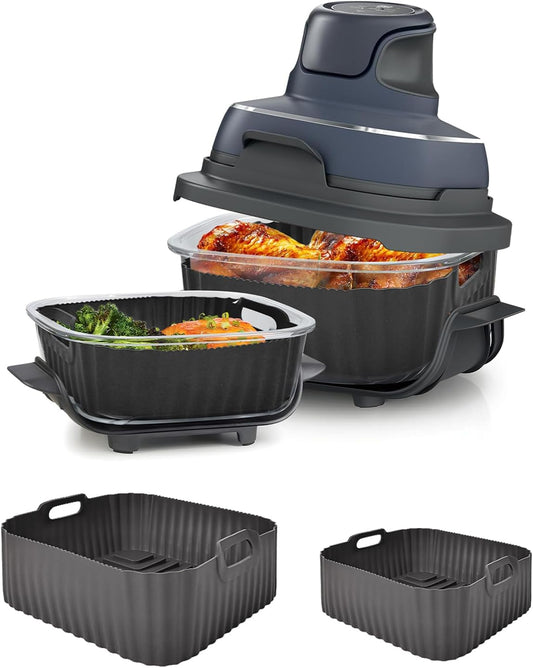 Upgraded Air Fryer Silicone Liners for Ninja Crispi FN101GY/FN101SG/FN101ST,Non-Stick Reusable Ninja Glass Air Fryer Accessories,Big Liner for 4 QT Container & Small Liner for 6 Cup Container, Gray