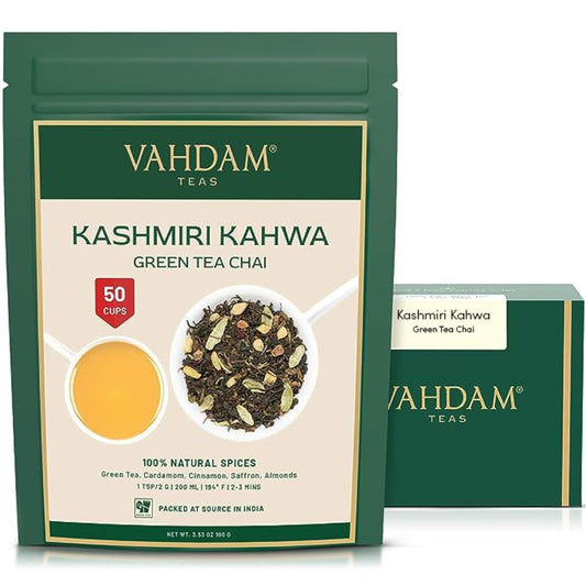 VAHDAM, Kashmiri Kahwa Tea (50 Cups/3.53oz) | Green Tea, Cinnamon, Cardamom, Almond & Saffron | Premium India Loose Leaf Tea | Vacuum Sealed for freshness