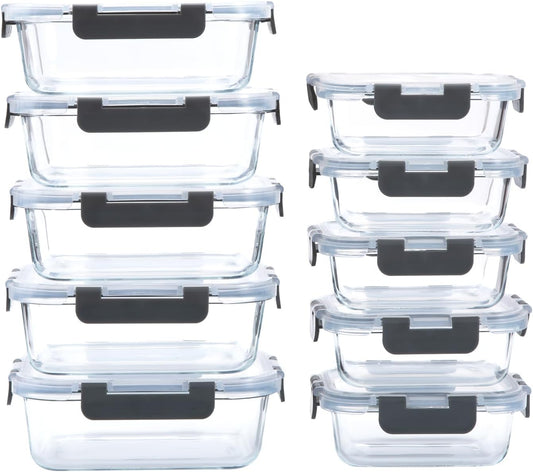 10-Pack Glass Food Storage Containers with Lids [Air-Tight,Leak-Resistant] Glass Containers for Food Storage, Meal Prep, Microwave, Freezer, Dishwasher Safe