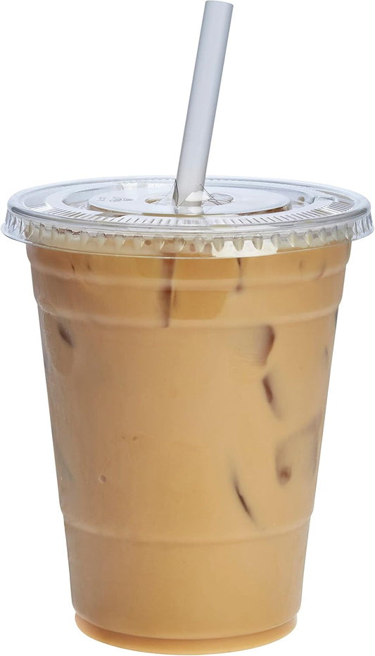 GUSTO Clear Plastic Cups with Flat Lids [16 oz - 100 Count] - Disposable Iced Coffee Cups with Lids - PET Plastic Cold Cups for Smoothies, Juices & To-Go Drinks - Formerly Comfy Package