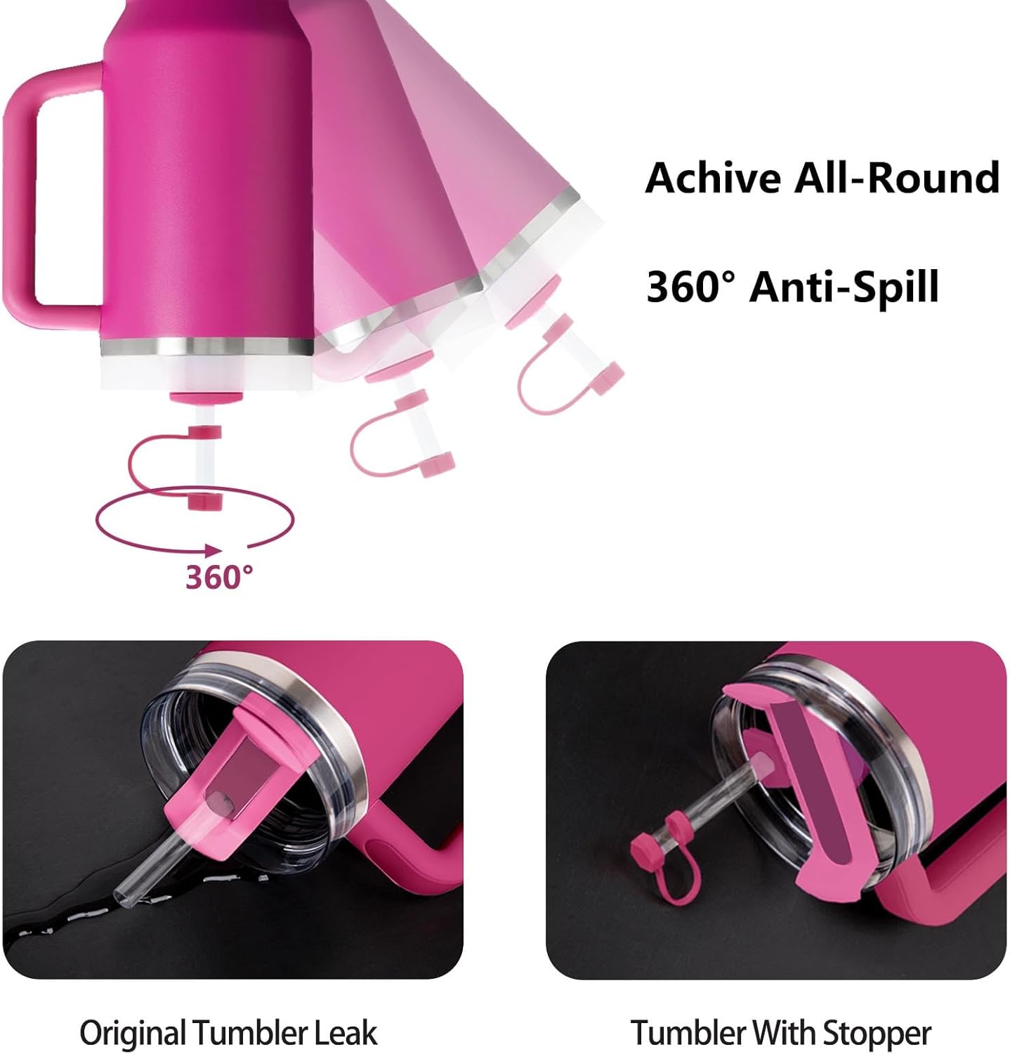 Silicone Spill Stopper Set for Tumbler Cup 2.0 30oz & 40oz with Straw Cover (Set of 2, Fuchsia)