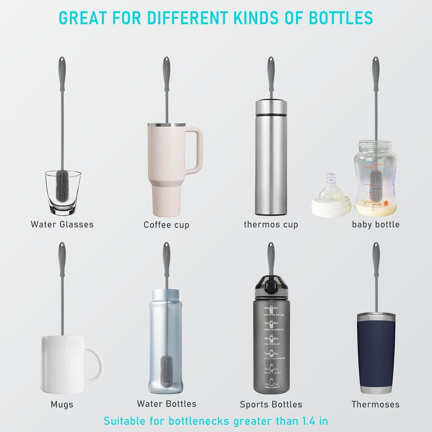 15.7" Silicone Bottle Brush, ddLUCK Water Bottle Cleaner Brush for Stanley, Hydroflasks, Glass, Thermos Sports Bottle, Vase and Glassware, Bottle Brush Cleaner for Small Narrow Neck Containers (Gray)