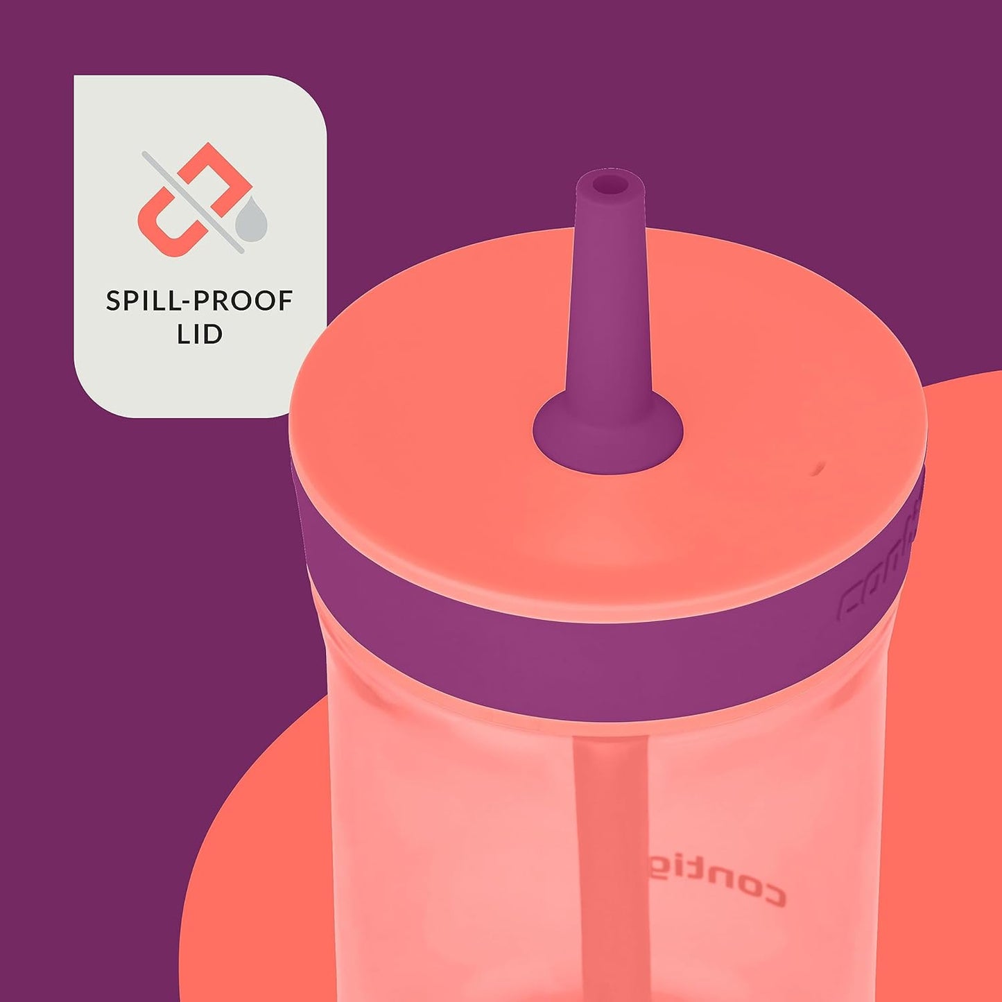 Contigo Kids’ Leighton Straw Tumbler with Spill-Proof Leak-Proof Lid 14oz Coral/Grape