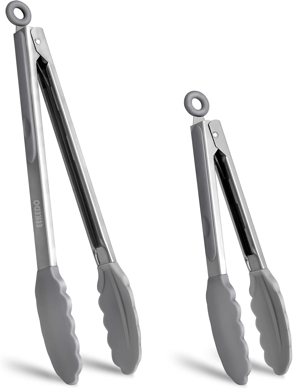 Kitchen Tongs, Stainless Steel Silicone Tongs for Cooking 600ºF High Heat-Resistant BBQ Grilling Locking Tongs, Set of 2-9" and 12" Light Grey