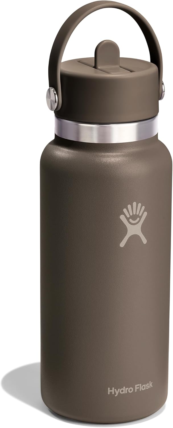 Hydro Flask Water Bottle - Insulated Stainless Steel - Wide Mouth Flex Straw Lid, Non Spill, Leakproof and Refillable in 32 Oz Sandpiper