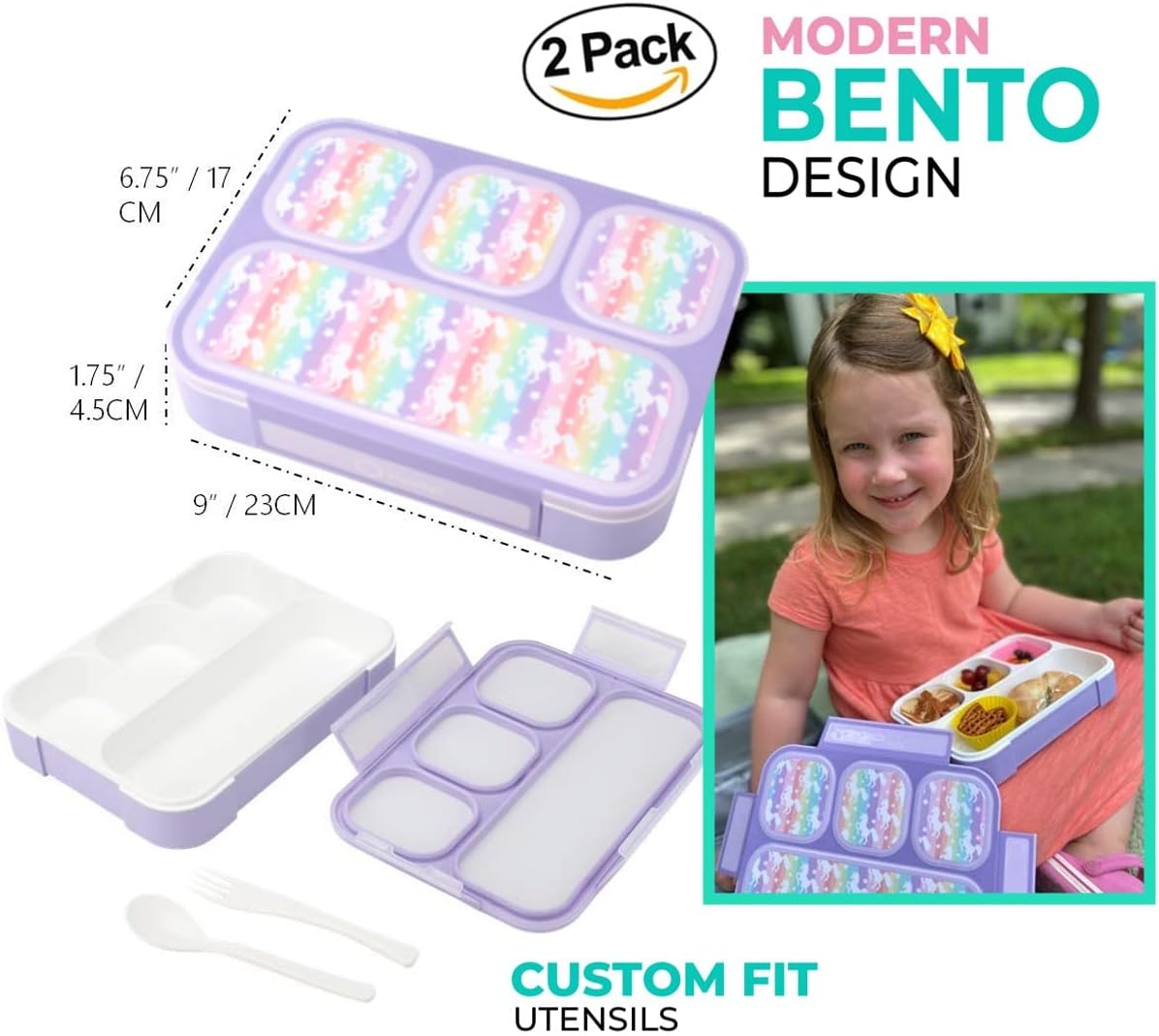 kinsho Bento-Box Lunch-Boxes for Kids, Girls, Lunch and Snack Containers for Toddler Daycare, School, Travel BPA-Free, 4 Divided Compartments Utensils (Purple Rainbow Unicorn, 2 Pack)