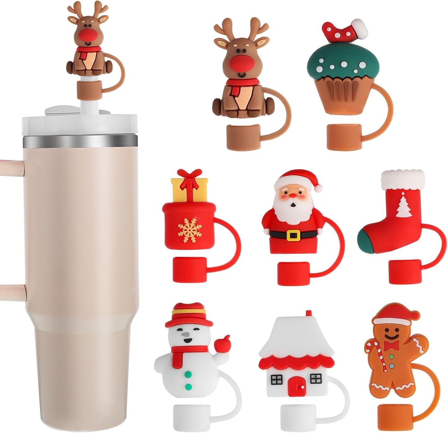 8 PCS Christmas Straw Topper, Straws Cover for Stanley 30&40 Oz Tumbler, Cute Christmas Straws Caps in Various Shapes, Drinking Straw Tip Covers for 0.4 Inch/10 mm Straw