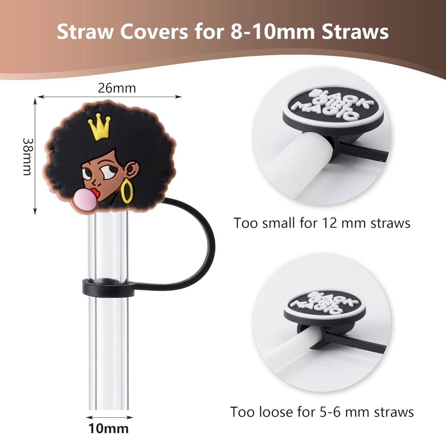 6Pcs Black Girl Straw Cover Cap for Stanley Cup Accessories, 10mm Cute Black Drinking Straw Topper for 40oz 30oz Stanley Tumbler, Dust-Proof Reusable Straw Tips Valentines Decor Gifts for Women