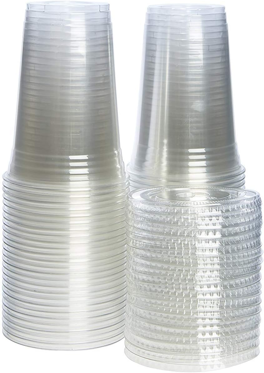 GUSTO Clear Plastic Cups with Flat Lids [20 oz - 50 Count] - Disposable Iced Coffee Cups with Lids - PET Plastic Cold Cups for Smoothies, Juices & To-Go Drinks - Formerly Comfy Package