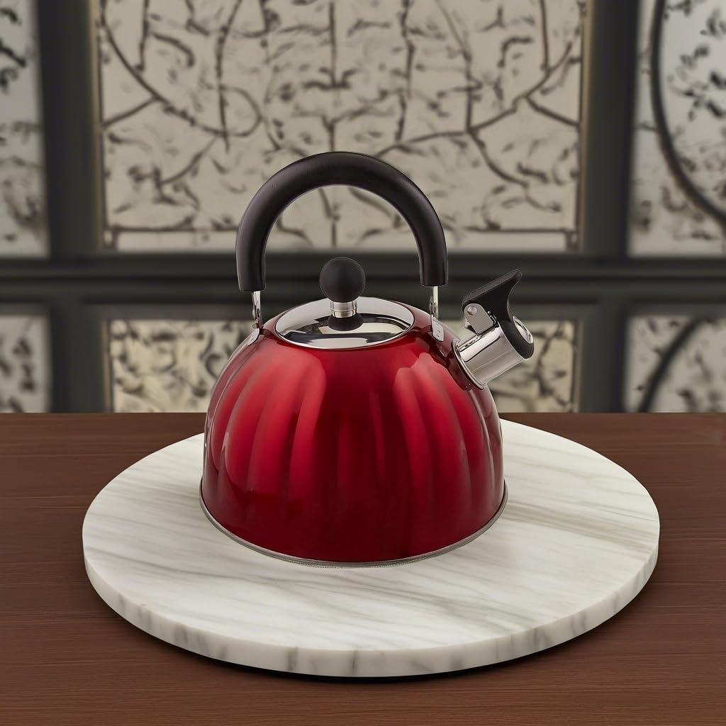 Mr. Coffee Twining 2.1 Quart Pumpkin Shaped Stainless Steel Whistling Tea Kettle, Metallic Red