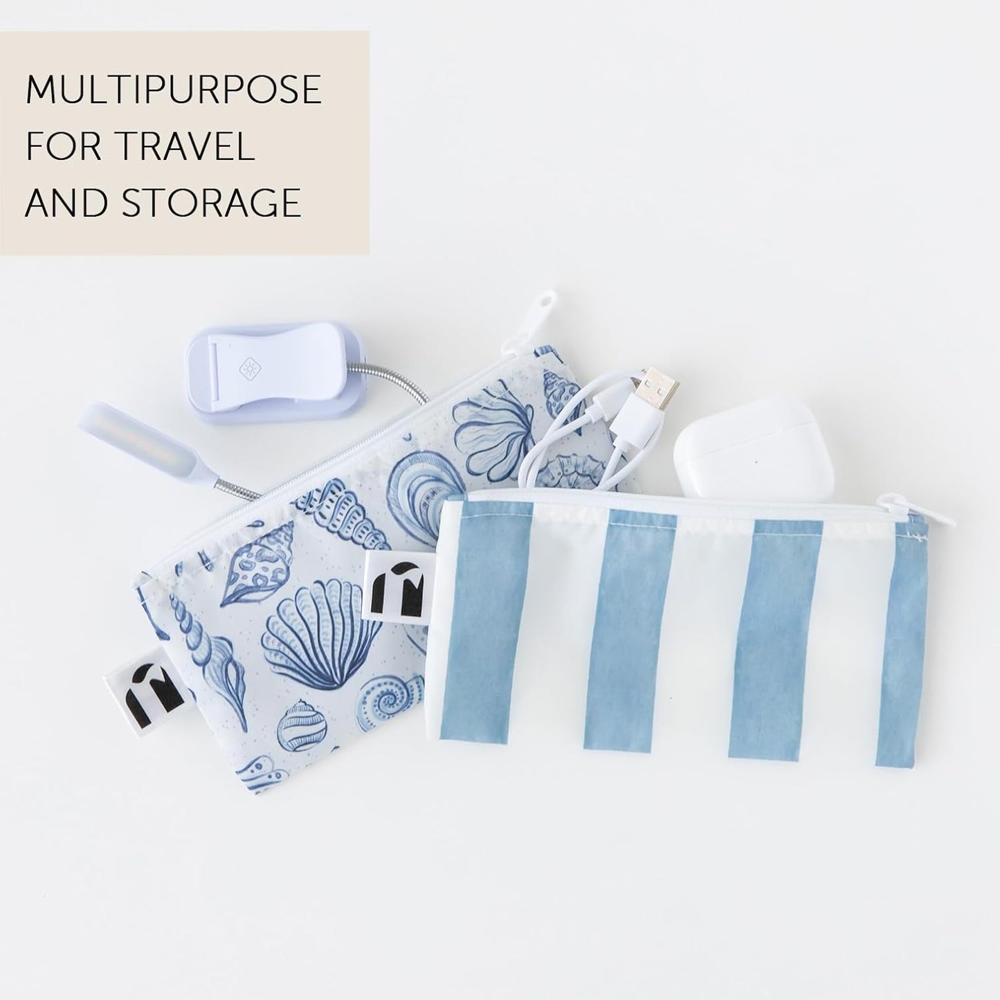 Roamio Reusable Snack Bags, for Kids School Lunch and for Adults Portion, Washable Fabric, Waterproof Cloth Zip Bag, Supplies Pack Travel Pouch, Food-Safe Storage, 2-pk Nautical Stripe and Blue Shells