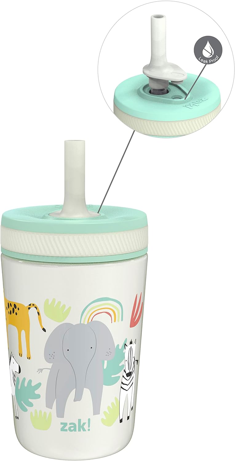 Zak Designs Kelso Toddler Cups For Travel or At Home, 12oz Vacuum Insulated Stainless Steel Sippy Cup With Leak-Proof Design is Perfect For Kids (Safari)
