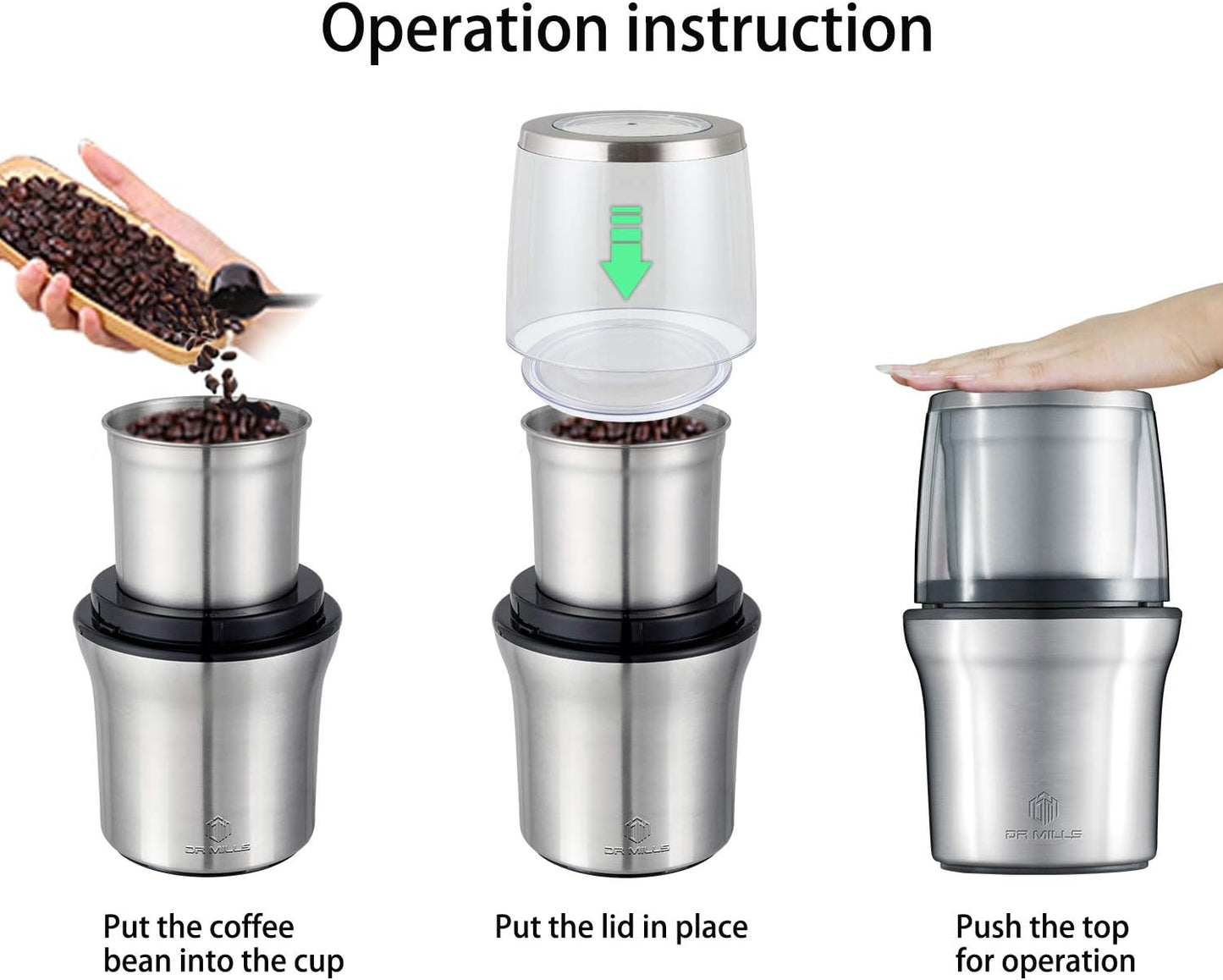 DR MILLS DM-7412M Stainless Steel Electric Dried Spice and Coffee Grinder,2 in 1 Wet and Dry, Removable Cups, Dishwasher Safe