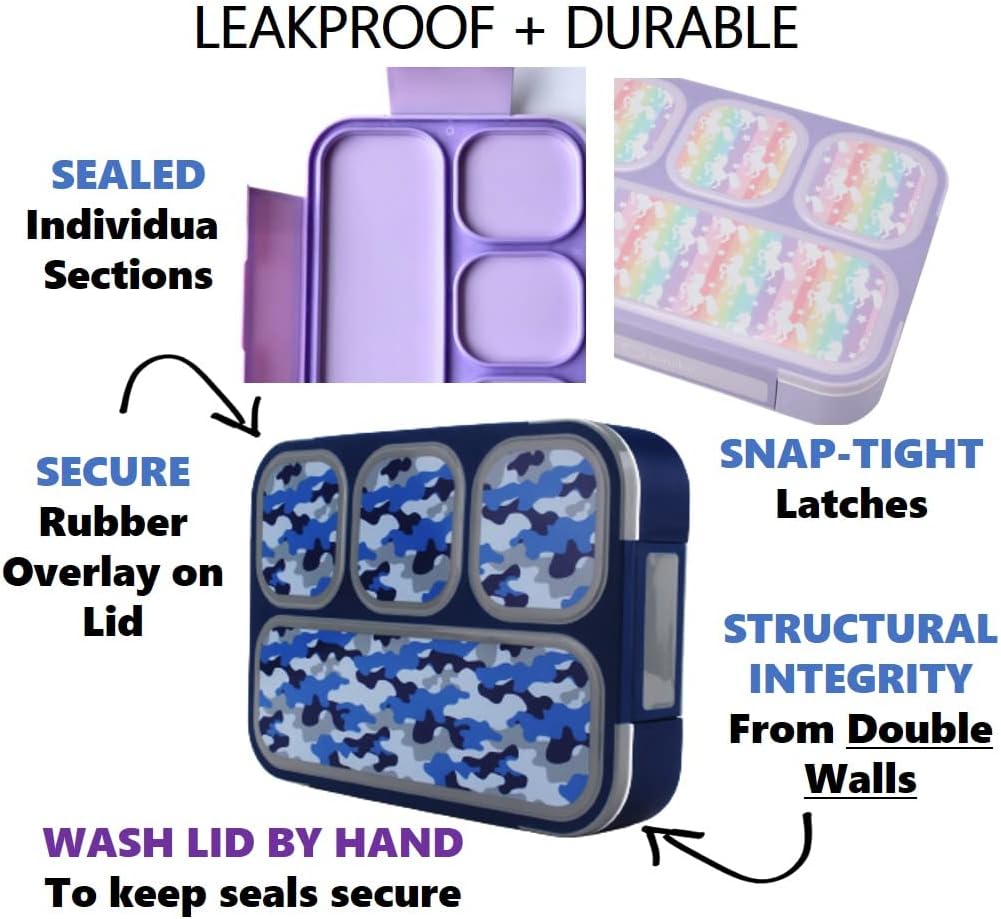 kinsho Bento-Box Lunch-Box Kids, Meal Boxes and Snack Containers for Boys & Girls for School, Includes Utensils, BPA Free (Purple Rainbow Unicorn + Blue Black Camo, 2 Pack Set)