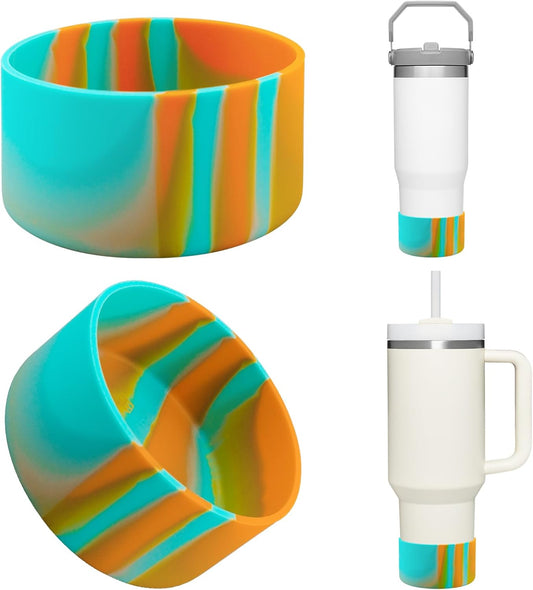 Upgrade 2PCS Protective Silicone Boot Bumper for Stanley Quencher Adventure 40oz 30oz IceFlow 20oz 30oz Tumbler, Water Bottle Bottom Sleeve Cover Accessories for Stanley Mug Cup(Blue+Green +Orange)