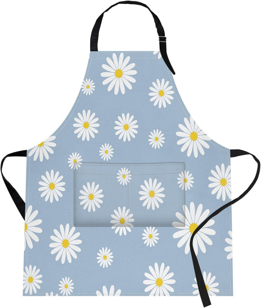 Britimes Apron Home Kitchen Cooking Baking Gardening for Women Men With Pockets Daisies Blue Daisy Flower Sky 32x28 inch