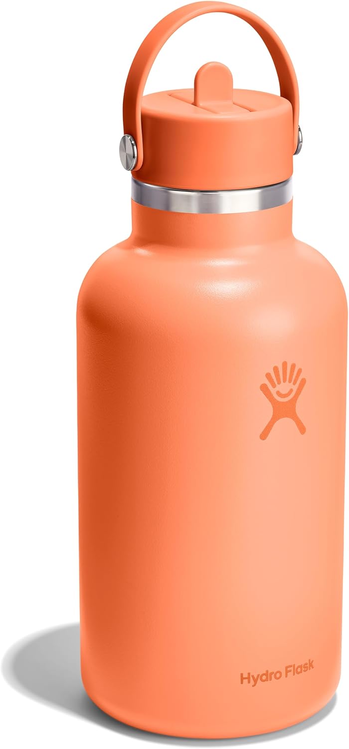 Hydro Flask Water Bottle - Insulated Stainless Steel - Wide Mouth Flex Straw Lid, Non Spill, Leakproof and Refillable in 64 Oz Nectar Orange