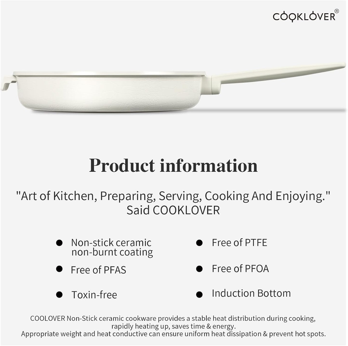 COOKLOVER Nonstick Ceramic Fry Pan, Non-Toxic, PTFE&PFOA Free, Induction Compatible Egg Skillet Frying Pan with Heat Resistant Handle, 9.5 Inch – Cream White