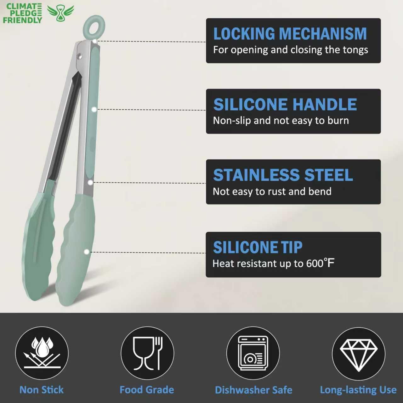 Kitchen Tongs, Stainless Steel Silicone Tongs for Cooking 600ºF High Heat-Resistant BBQ Grilling Locking Tongs, Set of 2-9" and 12" Light Green