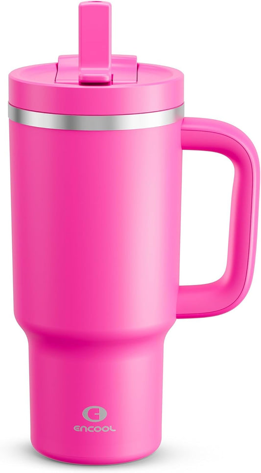 ENCOOL 32 oz Tumbler with Handle and Straw: Stainless Steel Insulated Tumbler Keeps Cold for 24 Hours, Leakproof Travel Cup Fits in Cup Holder and BPA-Free,Persian Rose
