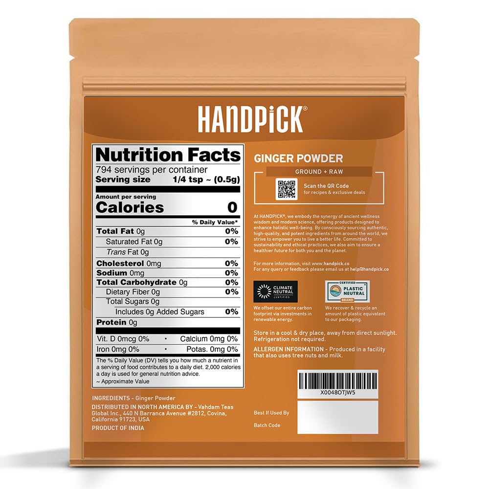 HANDPICK Ginger Powder (14oz/397g) No Additives, No Preservatives, No Fillers | Ginger Root Powder from India | Raw, Gluten Free, Non GMO | Perfect for Cooking, Baking | Resealable Zip Lock Pouch