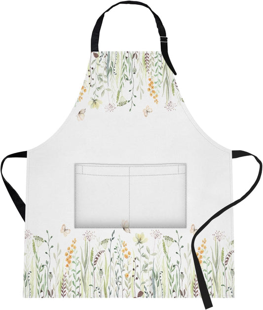 Britimes Floral Yellow Flowers Green Apron Home Kitchen Cooking Baking Gardening for Women Men with Pockets 32x28 inch