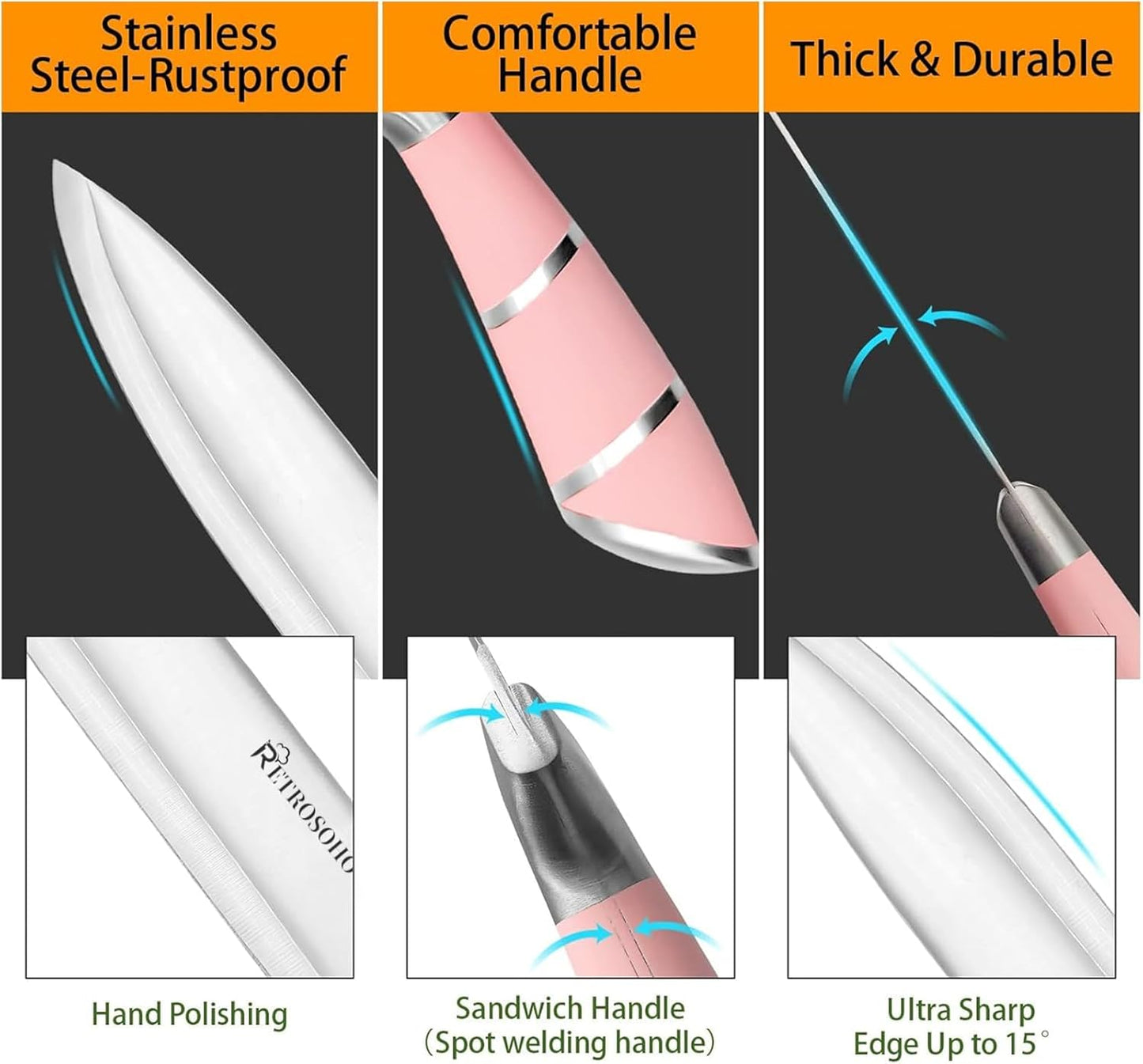 Kitchen Knife Set, Retrosohoo 9-Pieces Pink Sharp Non-Stick Coated Chef Knives Block Set,Stainless Steel Knife Set for Kitchen with Sharpener for Cutting Slicing Dicing Chopping (Pink)